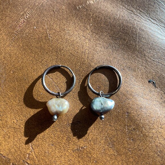 Vintage Jewelry - Vintage Small Sterling Silver Hoop Earring w/ Dangling Freshwater Pearls